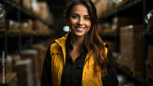 Smiling beautiful woman works in a warehouse