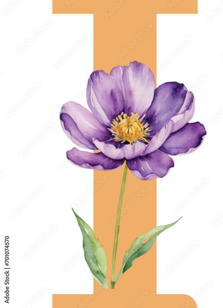 Obraz premium Floral alphabet, gold letter e with watercolor violet flowers and leaf. Botanical monogram initials are perfect for wedding invitations, greeting cards, and others. Holiday design hand painting