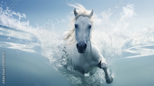 An ethereal snapshot of a white horse immersed in crystal-clear water  the high-quality photograph against a bright white backdrop conveying a sense of purity and freedom in the natural environment.