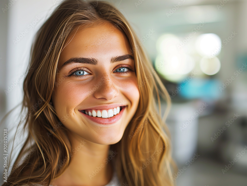 Close-Up of Cheerful Blond Girl with Radiant Smile and White Teeth, Embracing Dental Appointment. Close-Up of Cheerful Blond Girl with Radiant Smile and White Teeth, Embracing Dental Appointment.