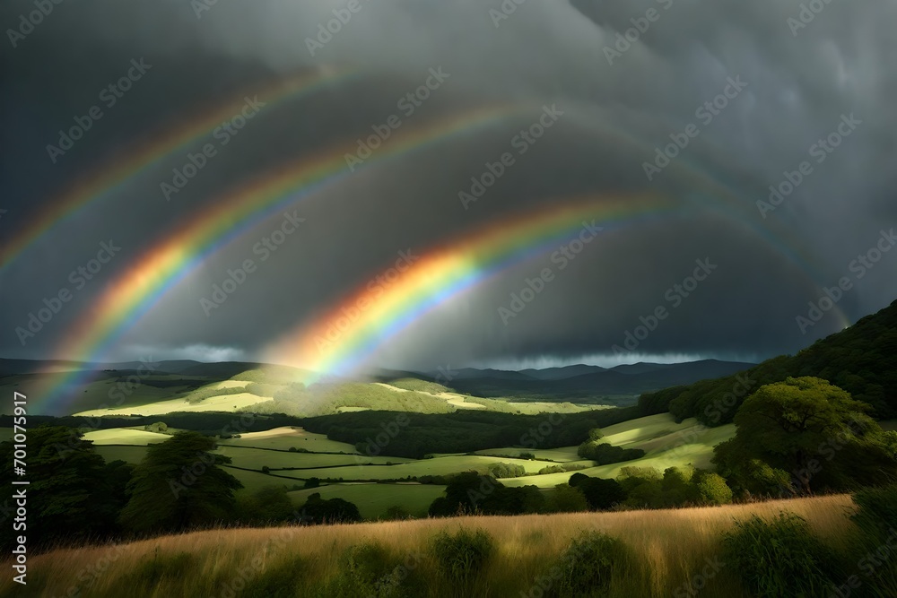 rainbow in the mountains, Double rainbow on a gray sky after rain. A rare atmospheric phenomenon after a storm. Beautiful hilly landscape with a real rainbow after rain on a summer day. stock photo