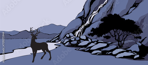 Vector landscape. Deer near a mountain stream