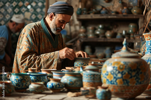 Muslim artisans crafting special Ramadan pottery and lamps, with detailed Islamic geometric designs.