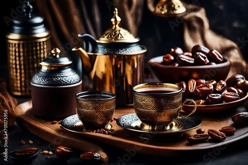 still life with coffee, Traditional arabic coffee with dates . Ramadan decor with Arabian coffee set stock photo
