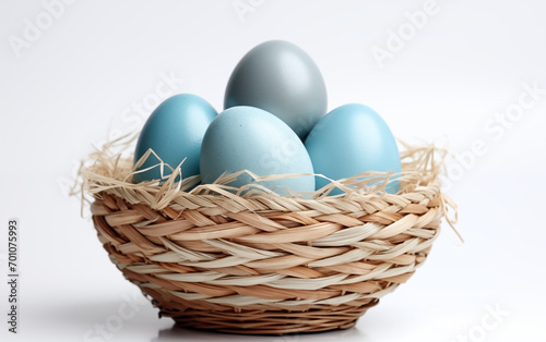 Rustic Easter: Blue Eggs and White Flowers in a Twig Nest