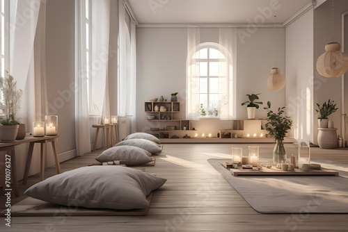 Nordic-themed yoga studio with hygge elements  neutral tones  and cozy blankets for a warm and inviting atmosphere