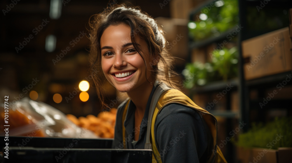 Smiling beautiful woman works in a warehouse