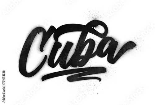 Photography Cuba country name written in graffiti-style brush script lettering with spray pa