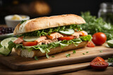 Fresh healthy salmon sandwich with lettuce and cucumber on vintage chopping board on black stone background. Breakfast snack. Fresh tomatoes, dill and lemon. AI Generative