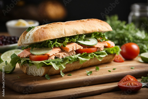 Fresh healthy salmon sandwich with lettuce and cucumber on vintage chopping board on black stone background. Breakfast snack. Fresh tomatoes, dill and lemon. AI Generative