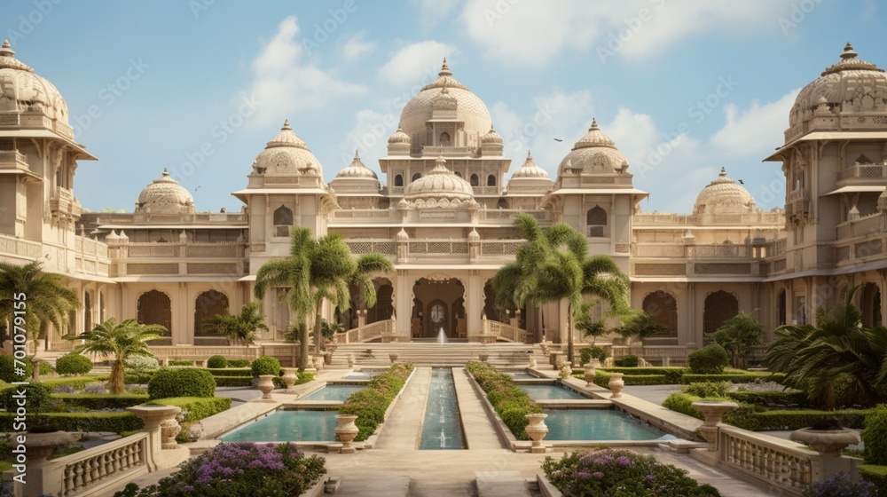 The exterior view of a palatial structure surrounded by pristine gardens, the clear sky above highlighting the intricate details of its architectural splendor.