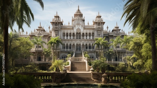The exterior view of a palatial structure surrounded by pristine gardens, the clear sky above highlighting the intricate details of its architectural splendor. photo
