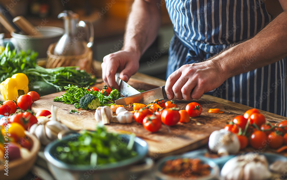 Close-up on the hands of a man cutting vegetables in the kitchen