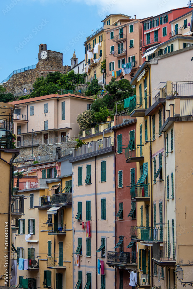 Riomaggiore, Italy, July 29, 2023. View of a street with colorful houses