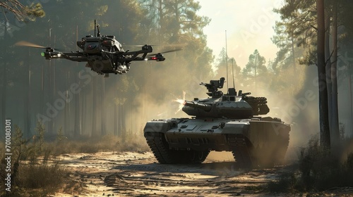 Combat aerial drone attacking a tank photo