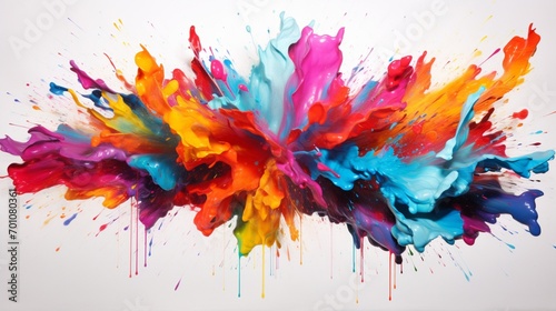 the vibrant energy of a colorful paint splash frozen in mid-air, its vivid hues suspended against the pristine white backdrop, creating a dynamic and visually striking composition.