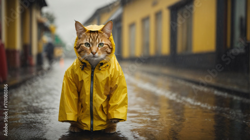 Fototapeta Naklejka Na Ścianę i Meble -  Wet stray sad kitten on a street on a rain. Ai Generative