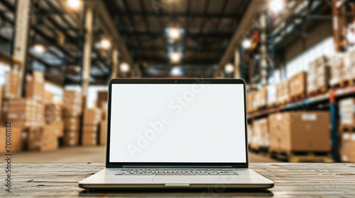 Laptop with white blank screen on brown wooden desk and blurred warehouse store background photo