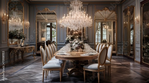 Opulent dining room with a mix of textures, a crystal chandelier, and a marble-topped table for an exquisite dining experience