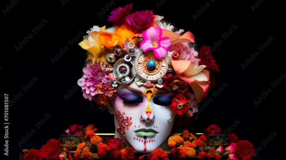 Creepy statue of woman's skull-head with flowers on black background