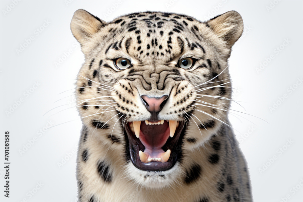 Obraz premium Snow Leopard roaring close-up portrait on a white background