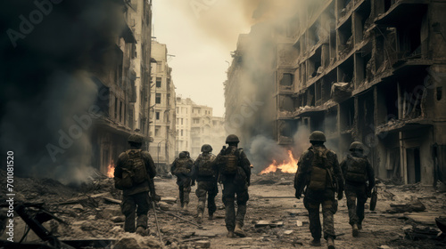 Soldiers on the street, shelling, war scene