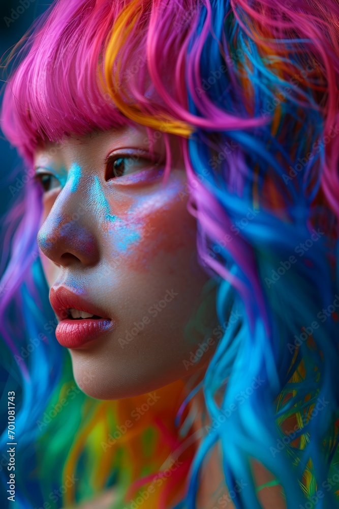 Contemplative Woman with Colourful Curls.
Woman with pink and blue curly hair looking away thoughtfully. image.