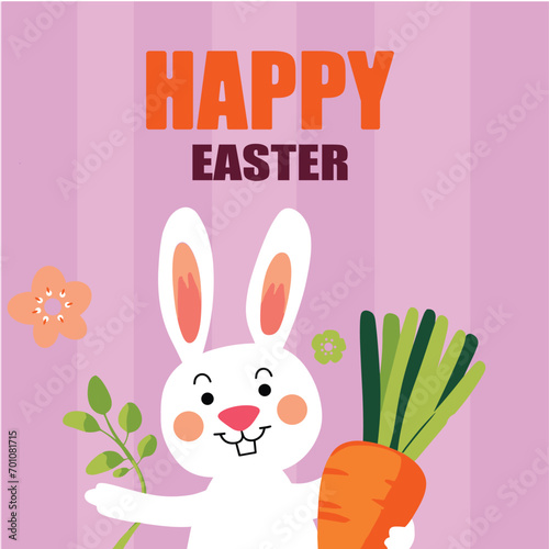 happy easter greeting with cute bunny and carrot, gift card for kids 