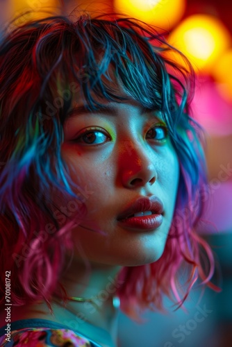 Neon Glow Youthful Portrait. Young woman's face illuminated by neon lights. image. © AI Visual Vault