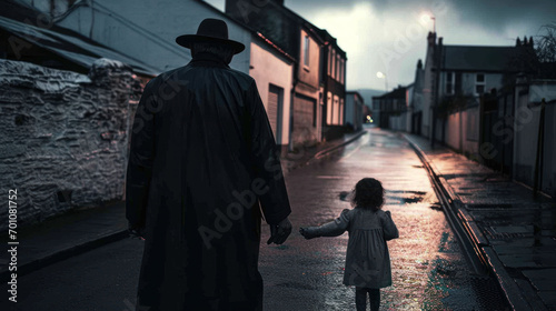Man and small girl in the street - child abduction concept