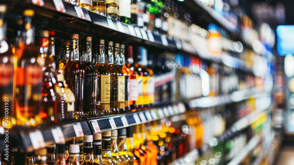 Rows of alcohol bottles on shelf in supermarket Rows of alcohol bottles on shelf in supermarket