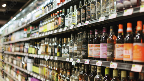 Rows of alcohol bottles on shelf in supermarket © Kondor83