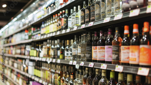 Rows of alcohol bottles on shelf in supermarket