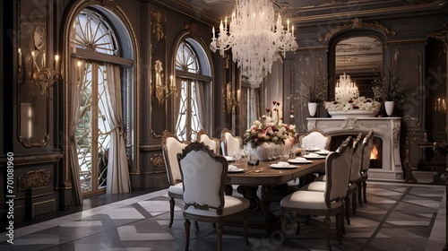 Opulent dining room with a mix of textures  a crystal chandelier  and a marble-topped table for an exquisite dining experience