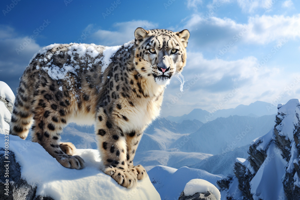 Fototapeta premium Snow leopard standing on a rocky, snow-covered mountain landscape, right-side portrait