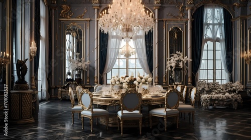 Opulent dining room with a mix of textures  a crystal chandelier  and a marble-topped table for an exquisite dining experience