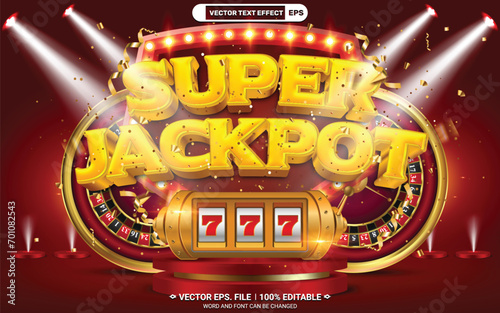 Super jackpot online casino editable 3d vector text effect template with slot machine, casino wheel on red podium