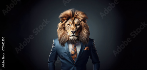 Anthropomorphic realistic lion director, boss in elegant business suit, white shirt and tie. Large portrait on blue background. Fantastic business concept. Commercial advertising banner. Close-up. 