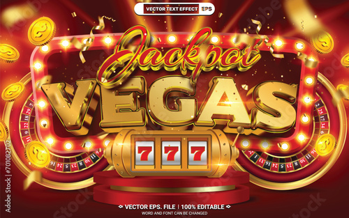 Jackpot vegas online casino editable 3d vector text effect template with slot machine, casino wheel on red podium