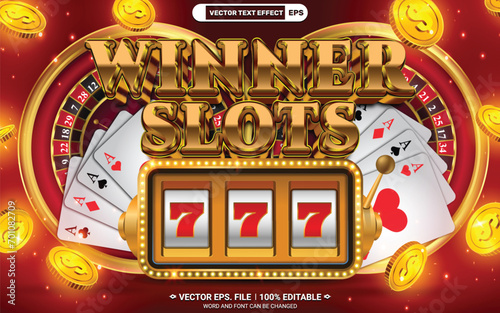 Winner slots online casino 3d editable vector text effect template with slot machine, casino wheel and gold coins