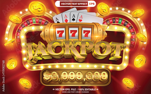 Online casino jackpot vegas 3d editable vector text effect template with slot machine, casino wheel and playing cards
