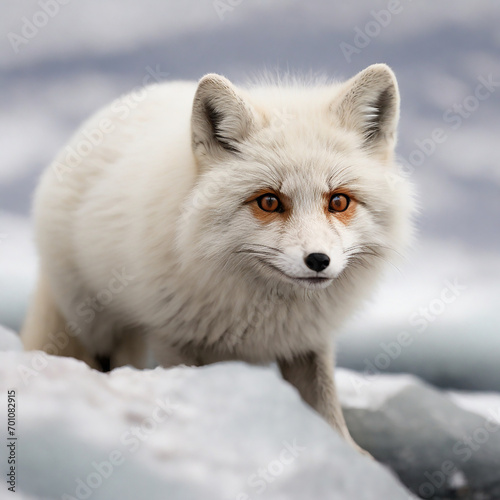 Beautiful white-coated Arctic fox with black paws standing on a landscape blanketed in snow ai generated