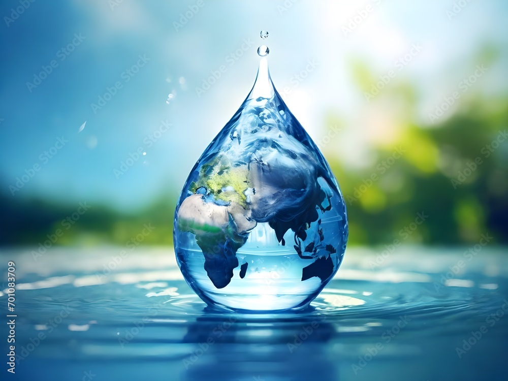 Fototapeta premium World water day. Save water. 22 March. World Water Day concept with water drop with people, home, trees to save environment. Fresh blue water ripples. Ecology theme concept. Importance of fresh water