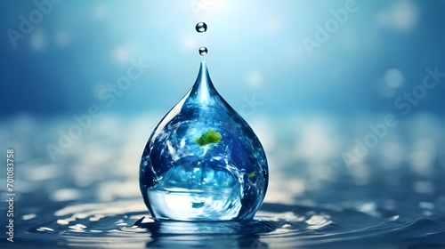 World water day. Save water. 22 March. World Water Day concept with water drop with people, home, trees to save environment. Fresh blue water ripples. Ecology theme concept. Importance of fresh water