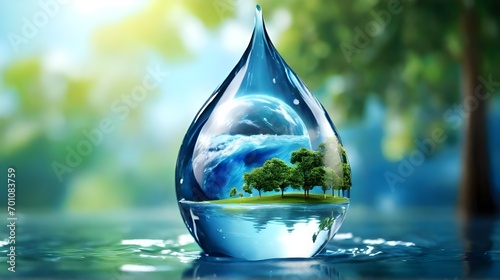 World water day. Save water. 22 March. World Water Day concept with water drop with people, home, trees to save environment. Fresh blue water ripples. Ecology theme concept. Importance of fresh water #701083759