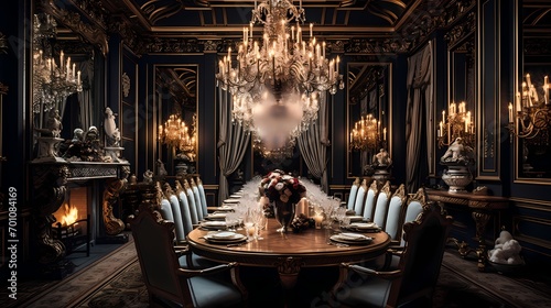 Opulent dining room with a mix of textures, a crystal chandelier, and a marble-topped table for an exquisite dining experience