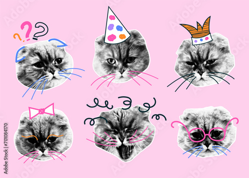 Retro collage with cat heads with halftone effect. Funny kitten with emotions, doodle elements. Vector grunge punk crazy art templates.