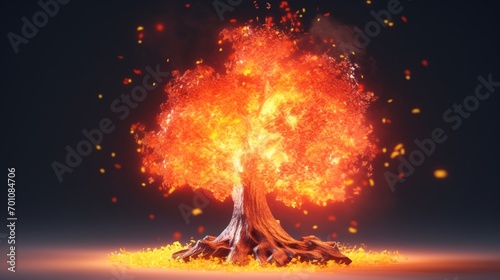 tree on fire cartoon ish 3d render.Generative AI photo