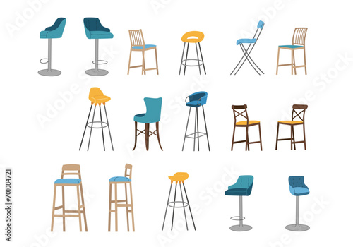 Set of isolated high chairs for home kitchen, bar, cafeteria. Flat style with lines on details.
