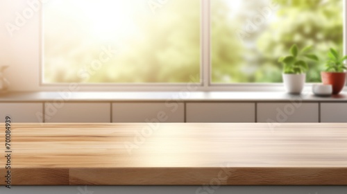 Wooden table on blurred kitchen bench background  Advertisement  Print media  Illustration  Banner  for website  copy space  for word  template  presentation